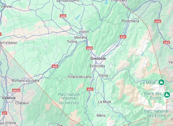 Grenoble et environs: Carte routière Alpes, Vercors, Isère Carte routière de la région de Grenoble, montrant Valence, Romans-sur-Isère, les parcs du Vercors et des Écrins, et les autoroutes A48, A49, A41.