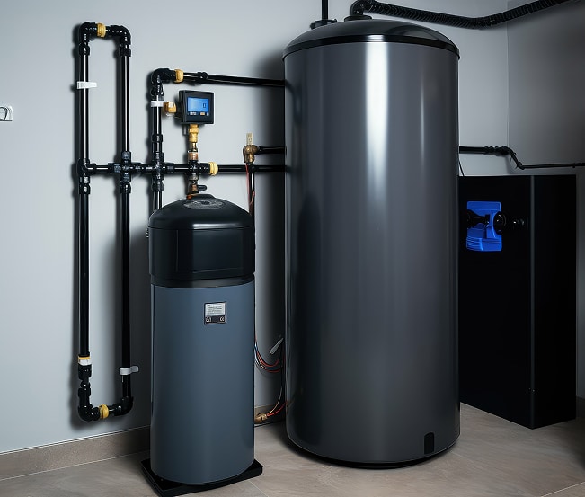 Système de chauffage moderne avec pompe à chaleur et grand chauffe-eau gris. Tuyauterie noire, écran digital affichant '0'.