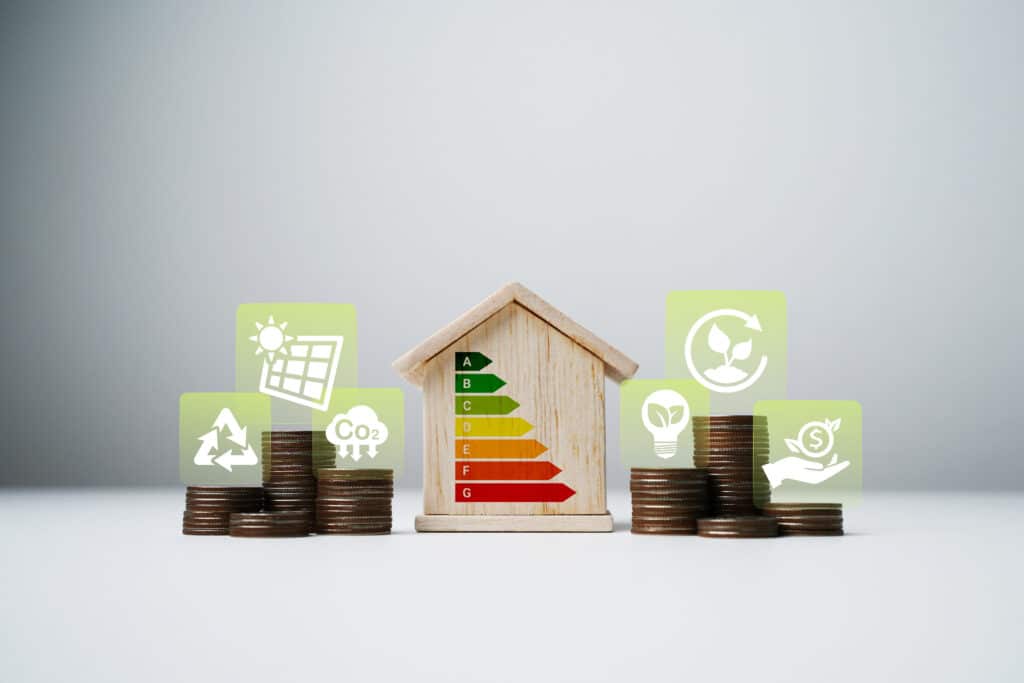 Maison Énergie: Économies, Écologie & Durabilité Maison bois avec étiquette énergie A-G. Piles de pièces et icônes: solaire, CO2, recyclage, ampoule éco, gains financiers. Éco-habitat durable.