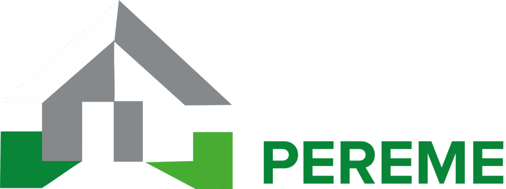 Logo stylisé de PEREME représentant une maison ou une structure en formes géométriques grises et vertes, avec le nom PEREME en vert.