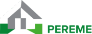 Logo stylisé de PEREME représentant une maison ou une structure en formes géométriques grises et vertes, avec le nom PEREME en vert.